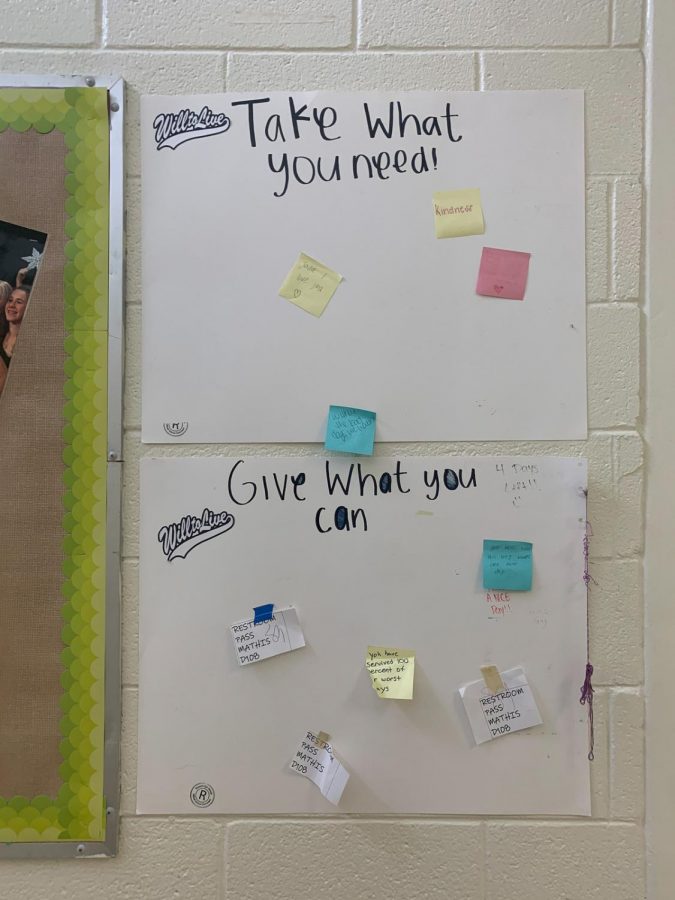 A sign up in the D hallway by yearbook staff to spread positivity through sharing notes, since COVID happened looks more bare and empty. A good reflection of struggling to find connection when forced to be separate. Photo by Jordan Freeman