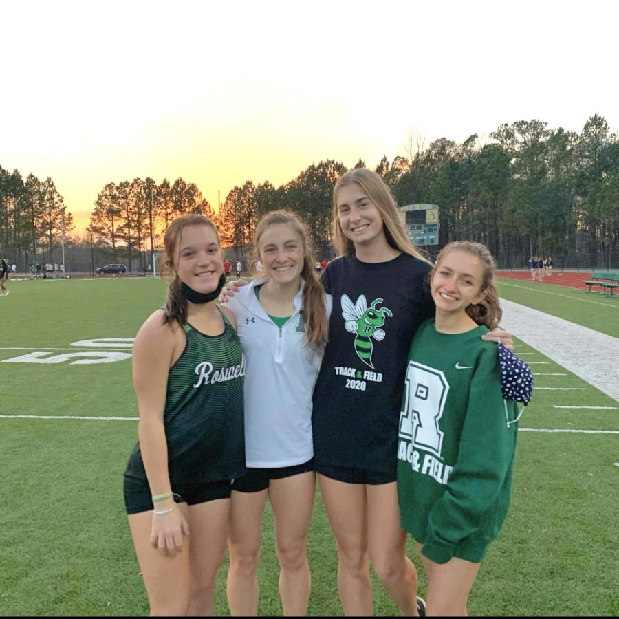 Bailey Oetinger (2nd from left) secured first place for Roswell in the Girls 100 meter dash at the Blessed Trinity Meet.
Photo Credit: Bailey Oetinger