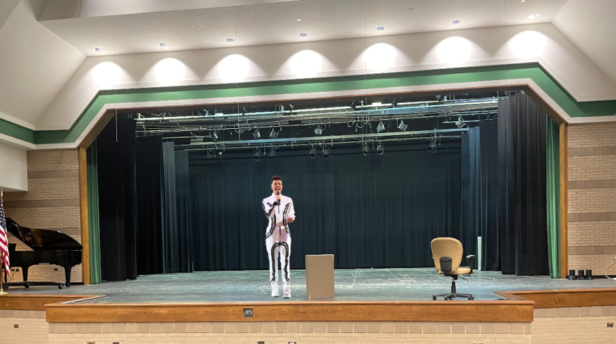 James Charles performing for Roswell High School, shows off his skills and tries to win over the crowd. Photo Credit: Grace Swift