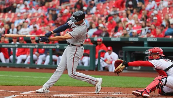 Matt Olson of the Atlanta Braves hits an RBI double during game against the St. Louis Cardinals in the first inning at Busch Stadium in St. Louis, Missouri. (Credit: Dilip Vishwanat/ Getty images)