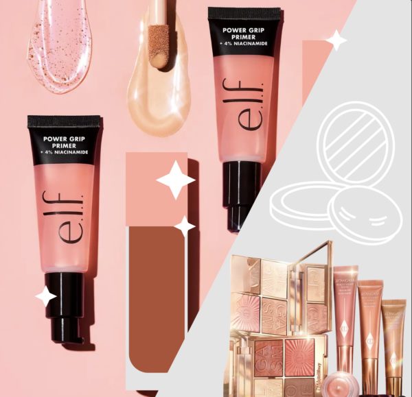 Elf and Charlotte Tilbury products posed next to each other. (Credit: Abby Fisher) 