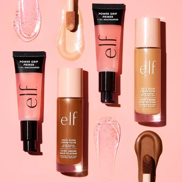 The Power Grip Primer and Halo Glow Liquid Filter products laid out and promoted by e.l.f. on their website. (Credit: el.f.cosmetics.com)