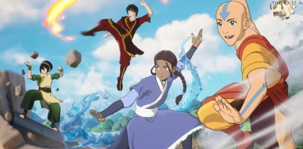 Promotional image featuring four out of five members of Team Avatar in which they exhibit their bending abilities. (Credit: Epic Games)