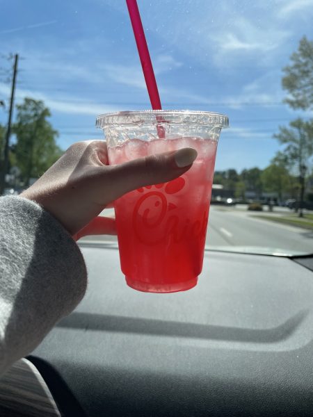 The new Chick-Fil-A Cherry Berry lemonade shining bright in the sun. (Credit: Annabelle Thompson)