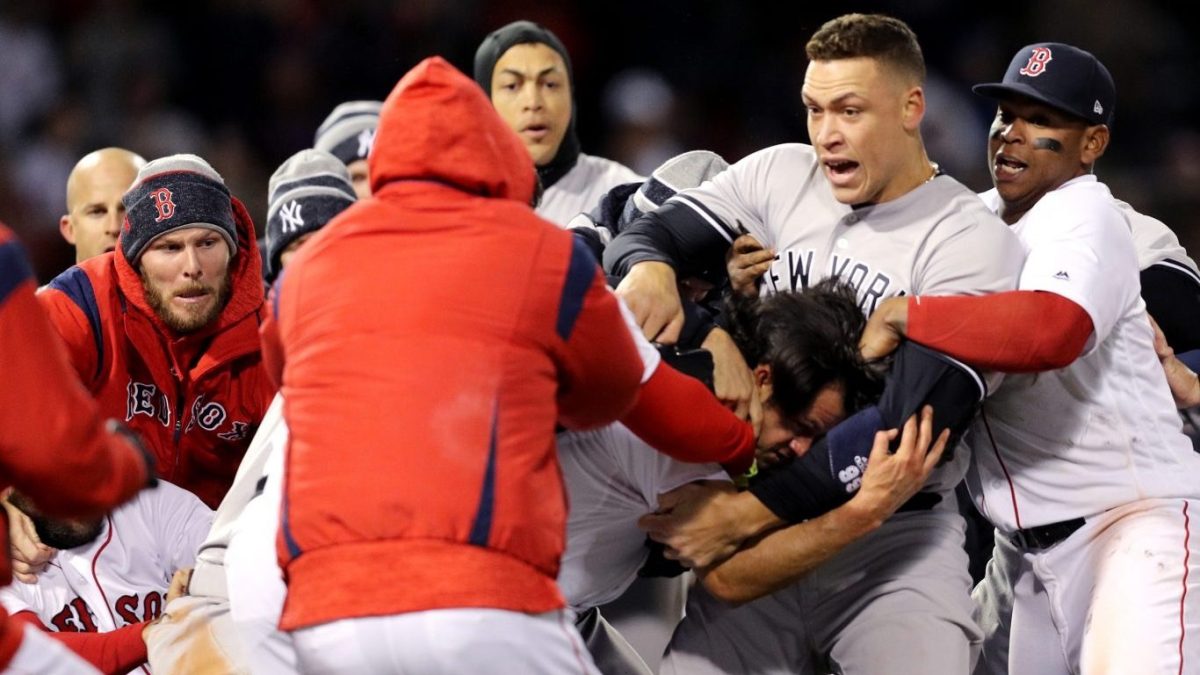 MLB teams The Boston Red Sox and the New Work Yankees getting heated during a game.