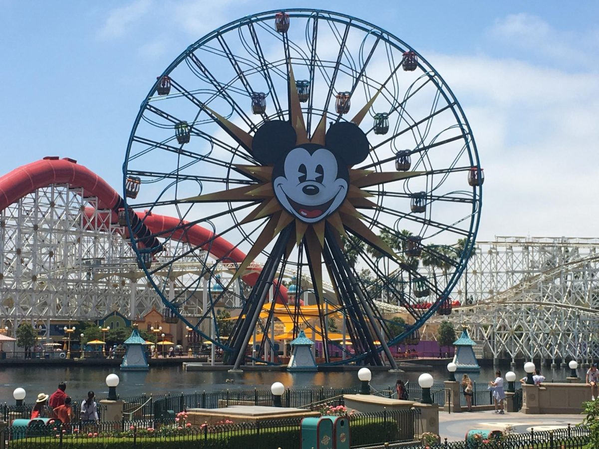 The Pixar Pal-A-Round Ferris Wheel in the California Adventure park, formerly known as the Sun Wheel and Mickey’s Fun Wheel, sits on the water along with many other rides on Pixar Pier. 